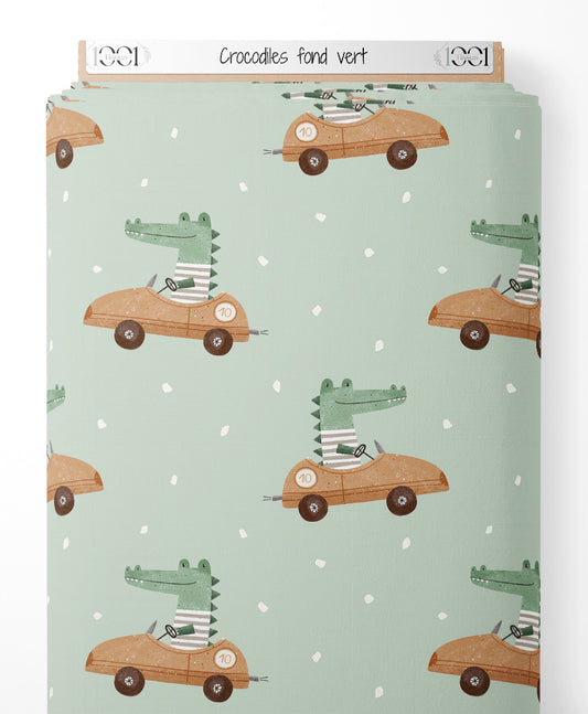 Tissu - Crocodiles sur fond vert