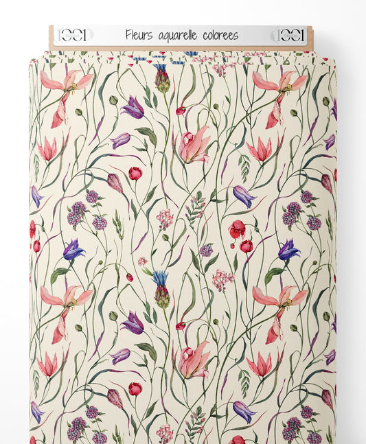Tissu - Fleurs aquarelle colorées