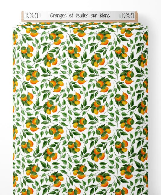 Tissu - Oranges et feuilles sur blanc
