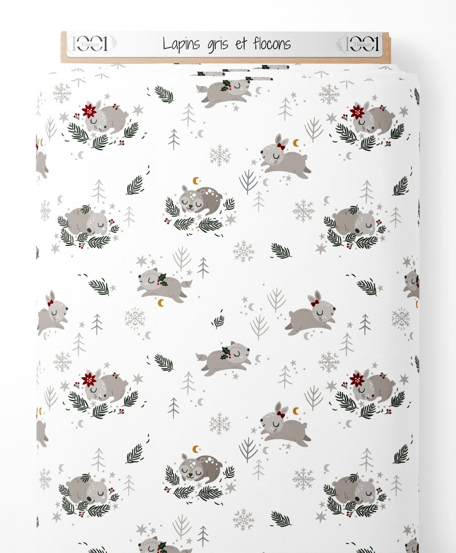 Tissu - Lapins gris et flocons