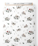 Tissu - Lapins gris et flocons