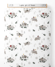 Tissu - Lapins gris et flocons