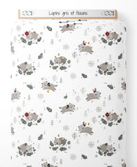 Tissu - Lapins gris et flocons
