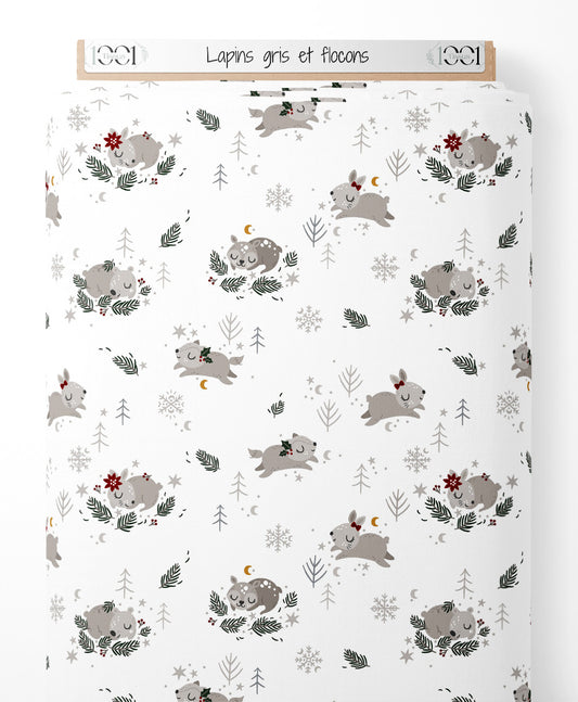 Tissu - Lapins gris et flocons