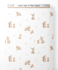 Tissu - Lapins beige et fleurs douces