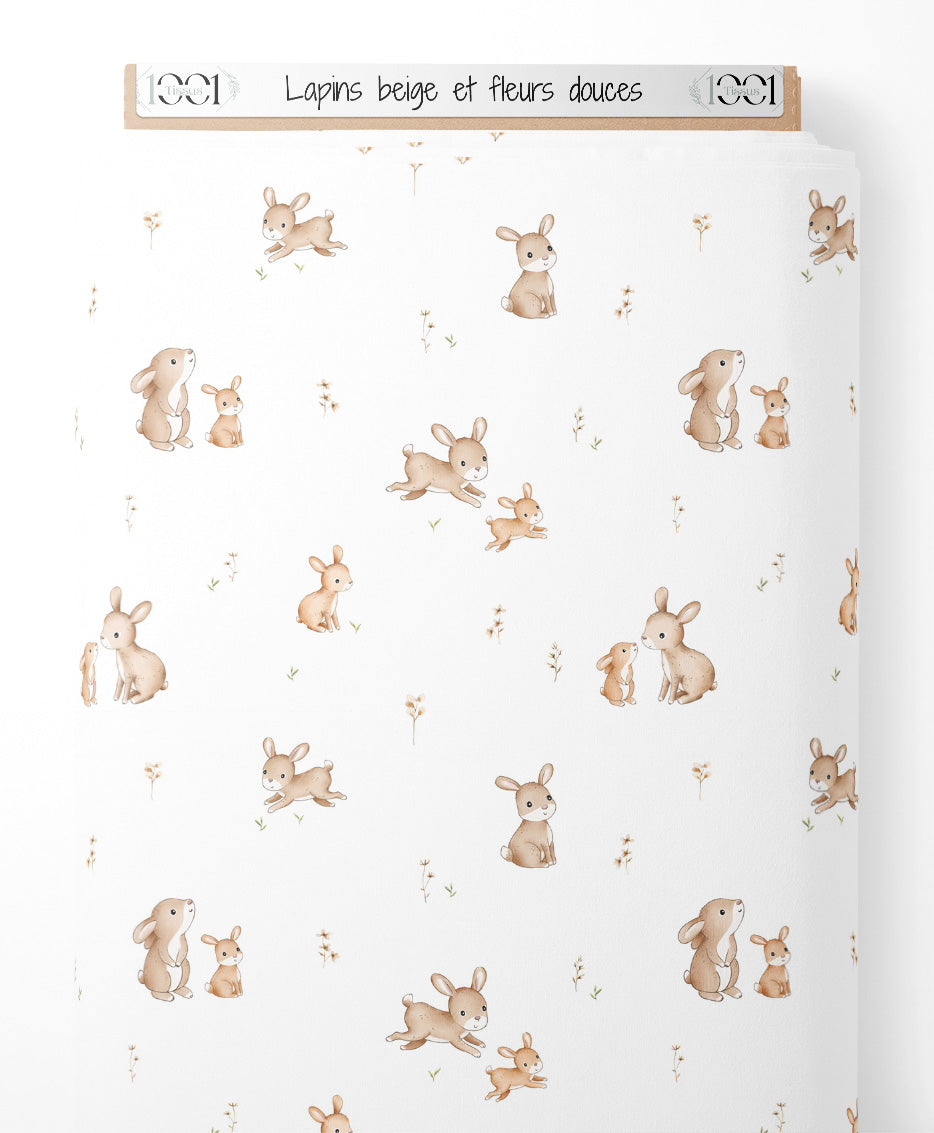 Tissu - Lapins beige et fleurs douces