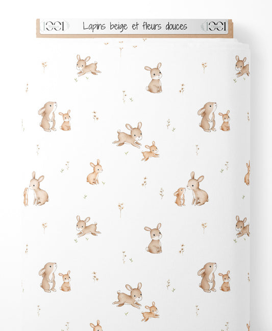 Tissu - Lapins beige et fleurs douces