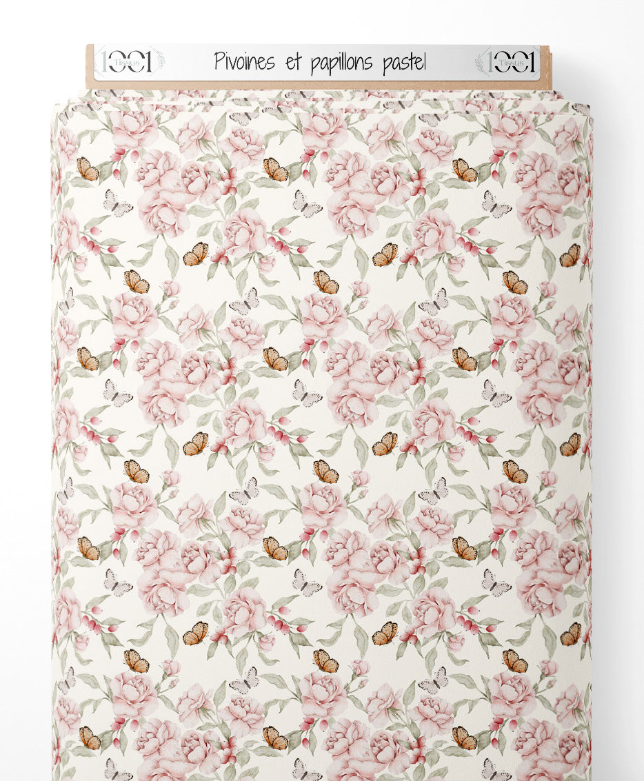 Tissu - Pivoines et papillons pastel