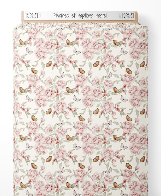 Tissu - Pivoines et papillons pastel