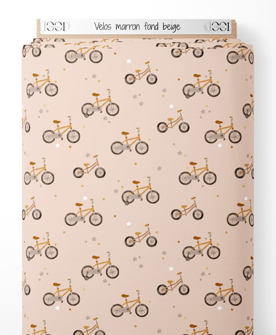 Tissu - Vélos marron sur fond beige