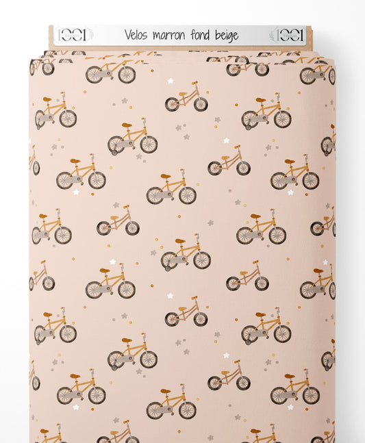 Tissu - Vélos marron sur fond beige