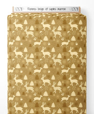 Tissu - Rennes beige et sapins marron