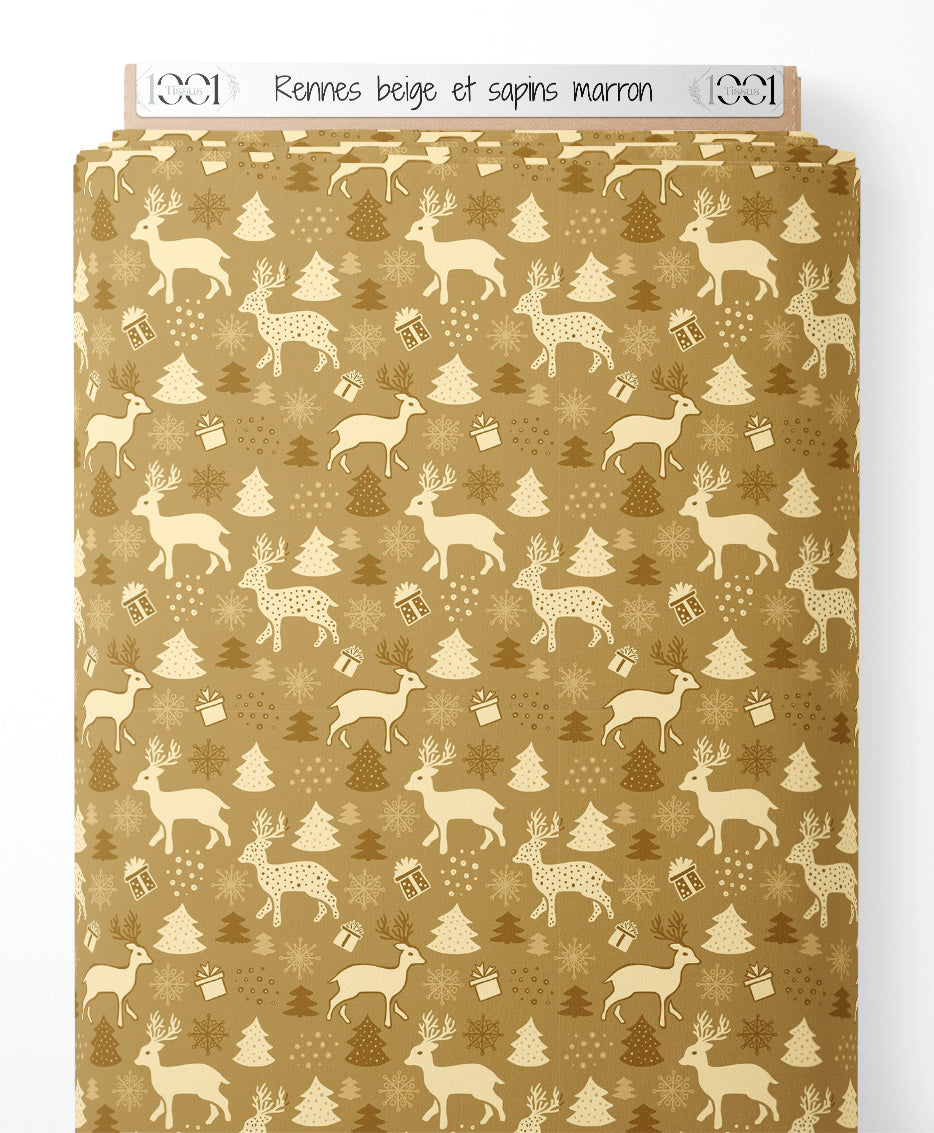 Tissu - Rennes beige et sapins marron