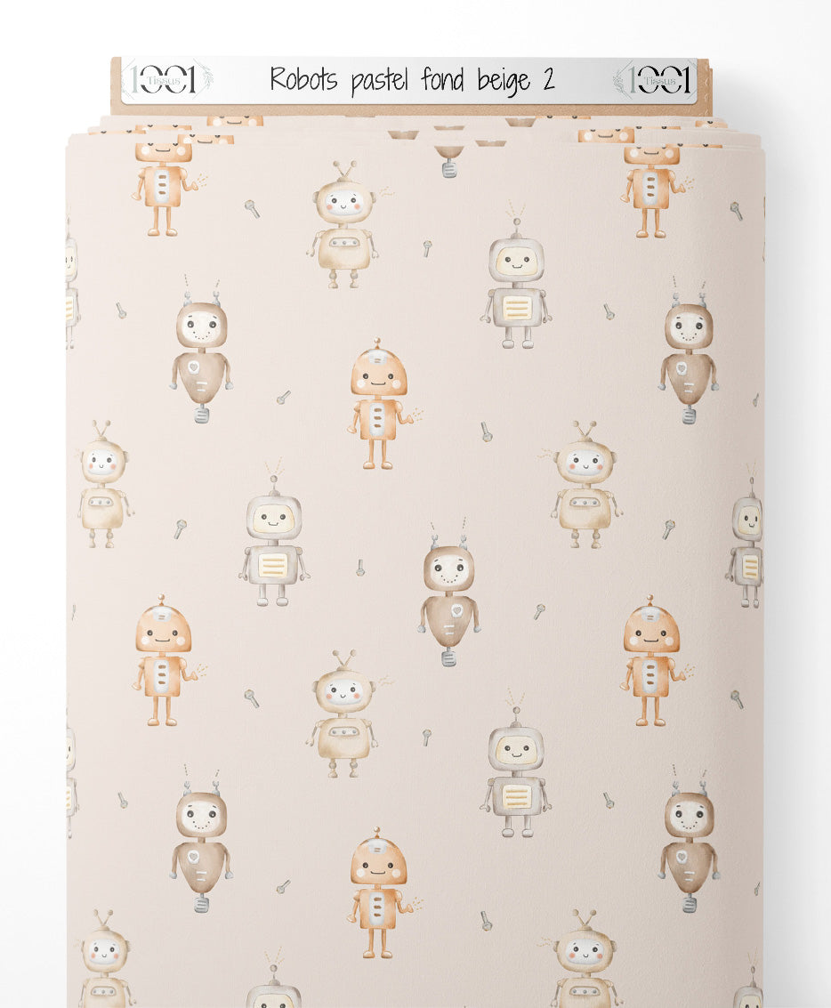 Tissu - Robots pastel sur fond beige 2