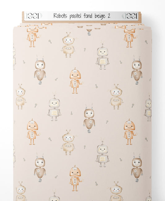Tissu - Robots pastel sur fond beige 2