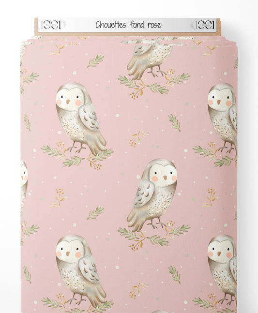 Tissu - Chouettes sur fond rose