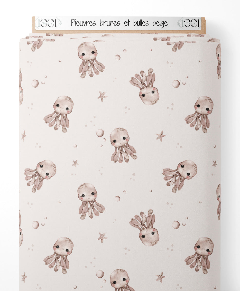 Tissu - Pieuvres brunes et bulles beige