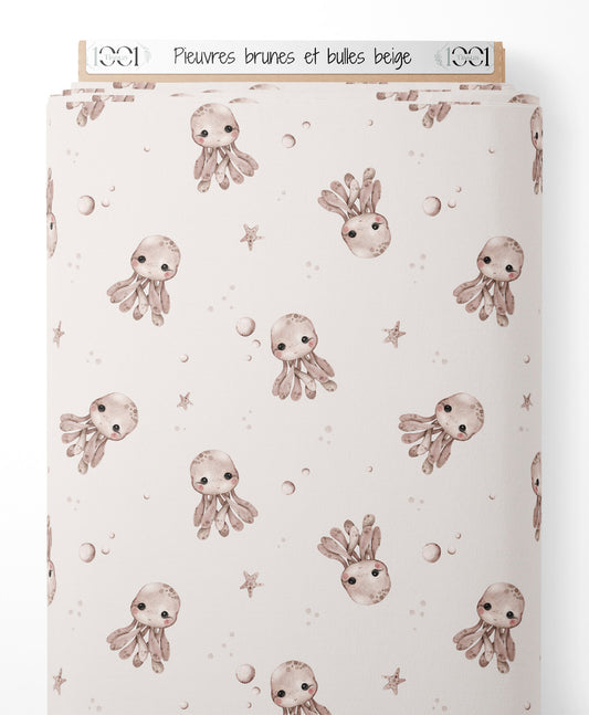 Tissu - Pieuvres brunes et bulles beige