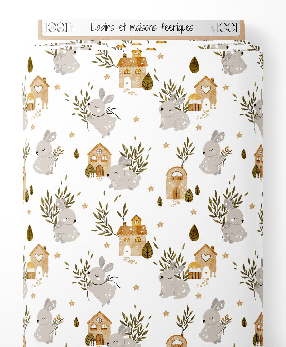 Tissu - Lapins et maisons féeriques