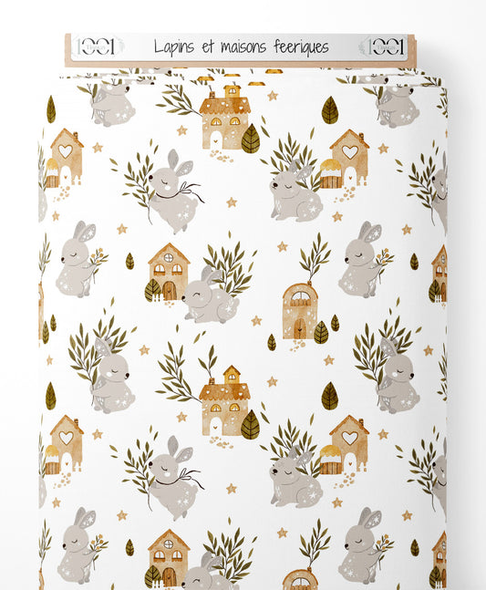 Tissu - Lapins et maisons féeriques