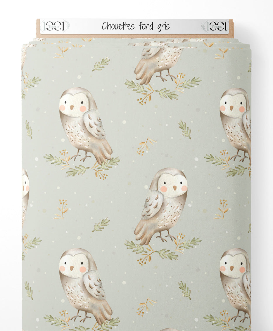 Tissu - Chouettes sur fond gris