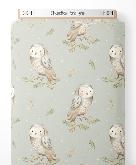 Tissu - Chouettes sur fond gris