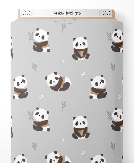 Tissu - Pandas sur fond gris