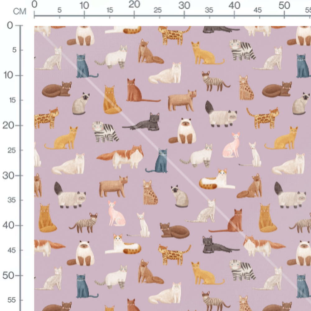 Tissu - Chats variés fond mauve