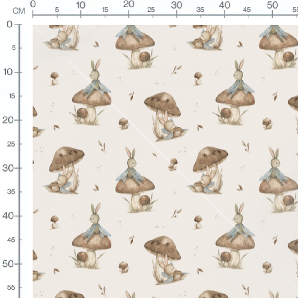 Tissu - Lapins et champignons sur beige 2