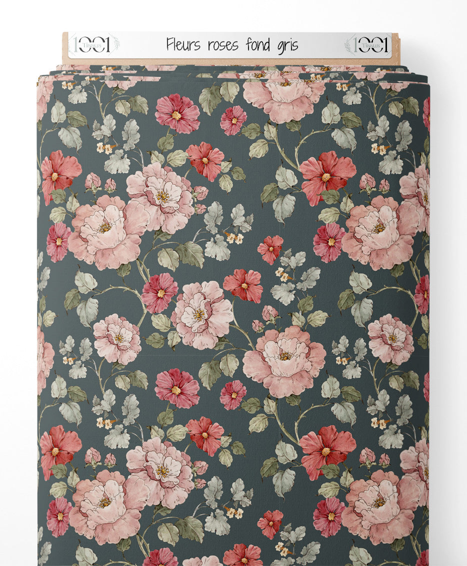 Tissu - Fleurs roses sur fond gris