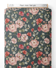 Tissu - Fleurs roses sur fond gris