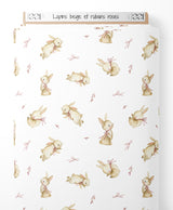 Tissu - Lapins beige et rubans roses
