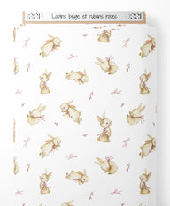 Tissu - Lapins beige et rubans roses