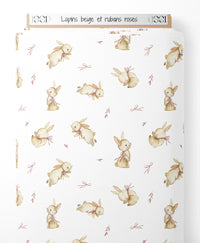 Tissu - Lapins beige et rubans roses