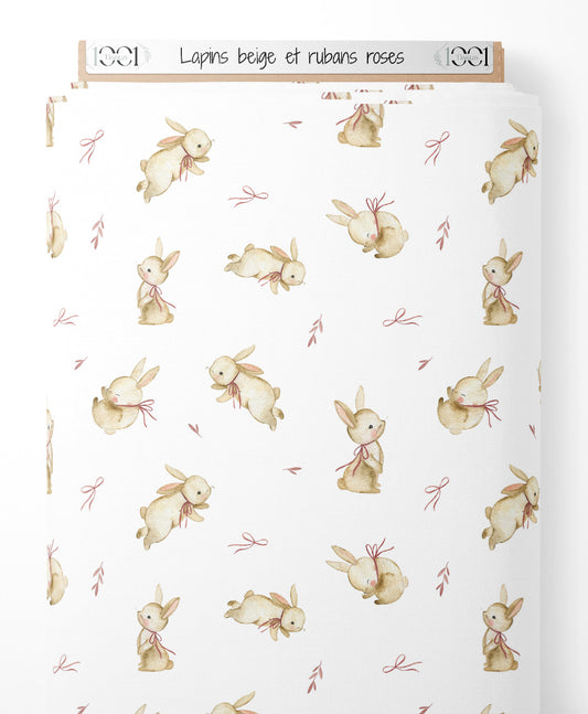 Tissu - Lapins beige et rubans roses