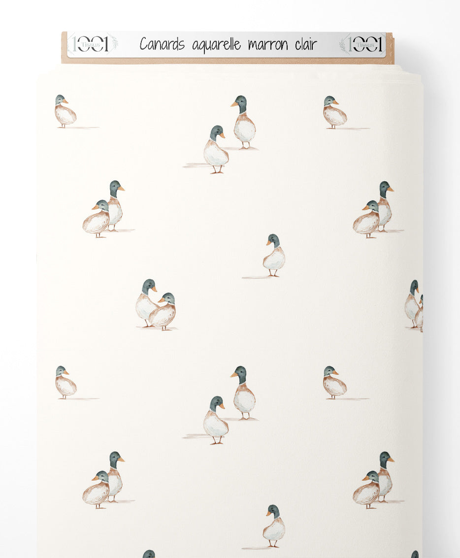 Tissu - Canards aquarelle marron clair