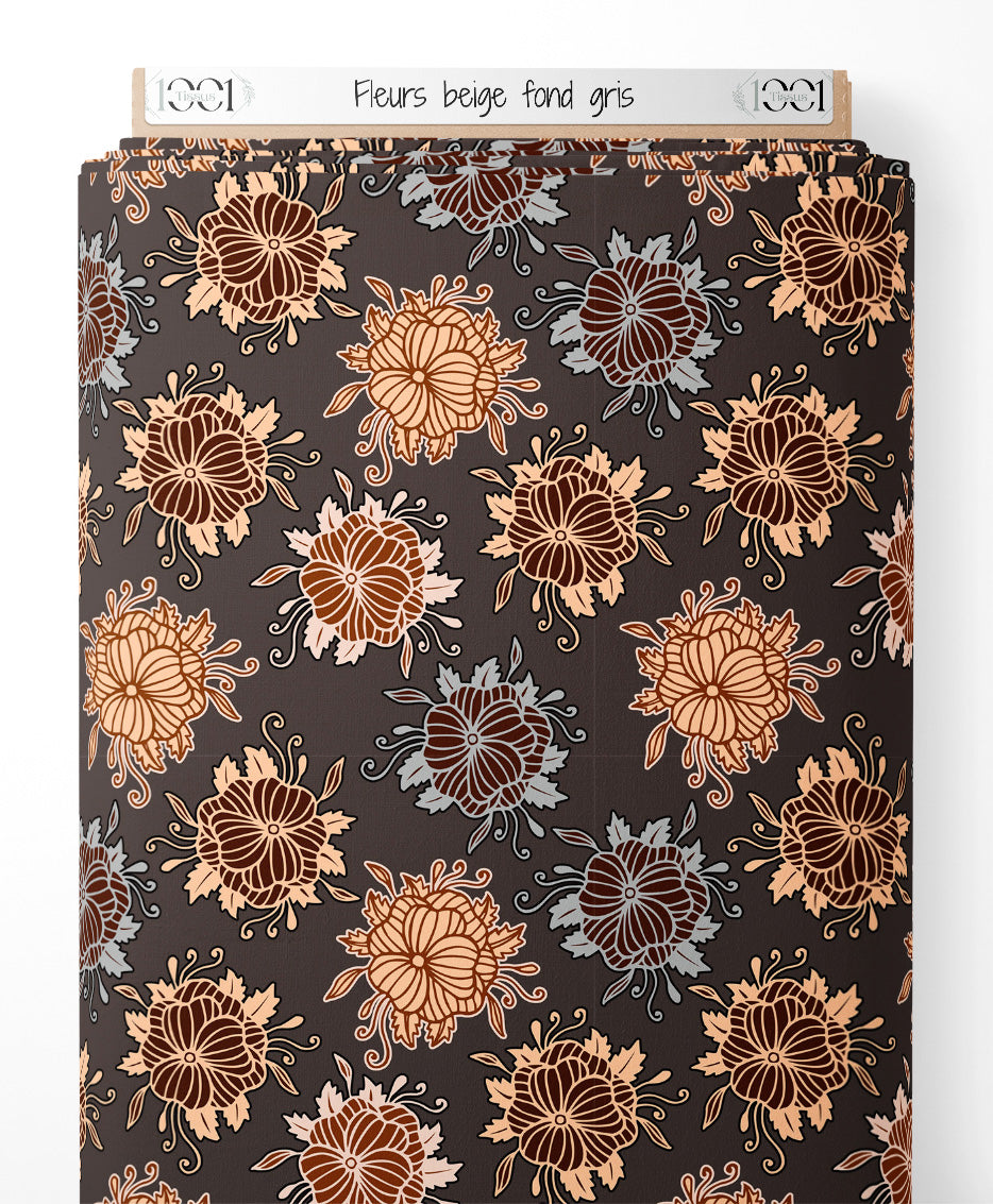 Tissu - Fleurs beige sur fond gris