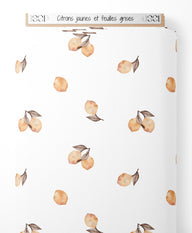 Tissu - Citrons jaunes et feuilles grises