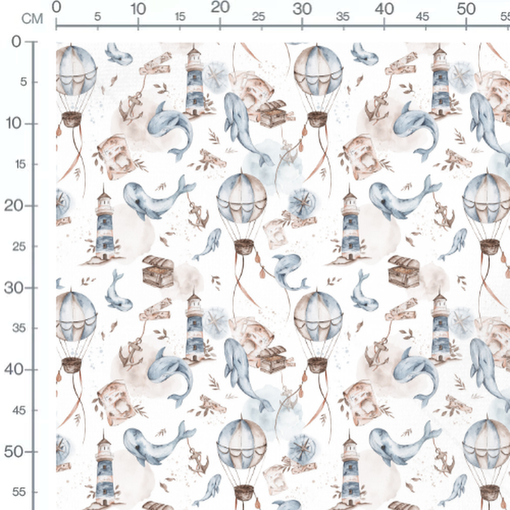 Tissu - Baleines et phares blancs