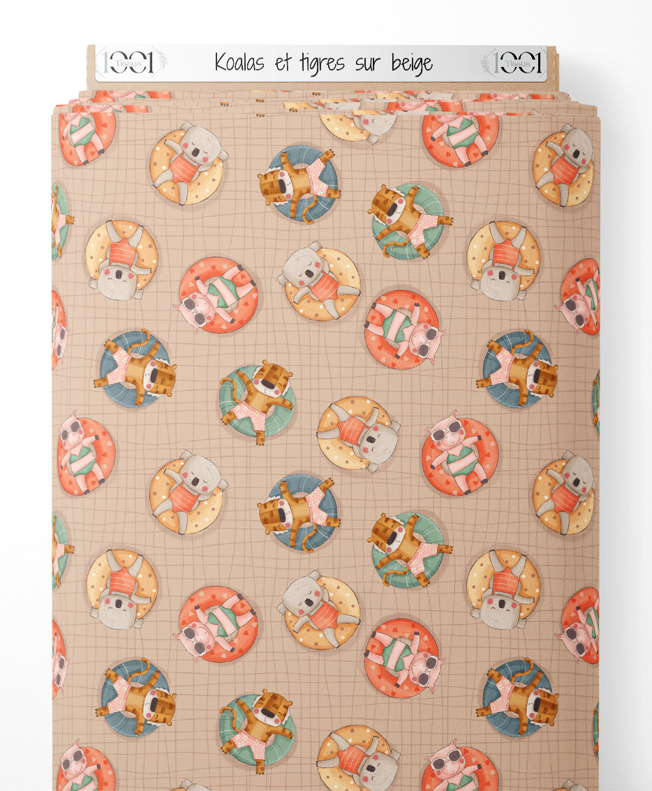 Tissu - Koalas et tigres sur beige