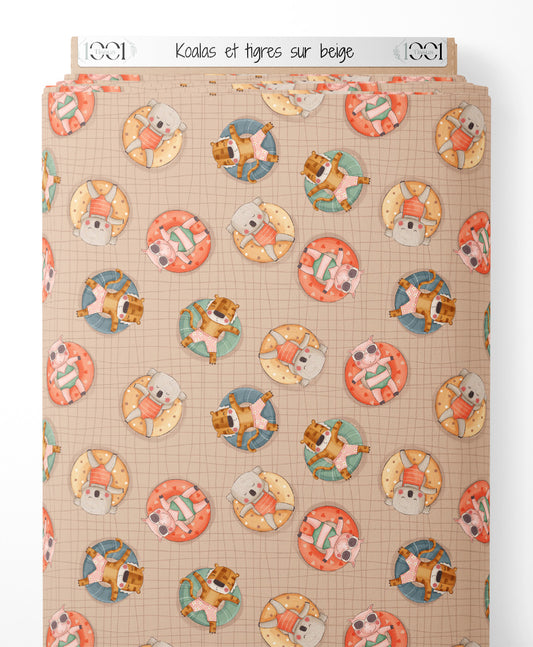 Tissu - Koalas et tigres sur beige