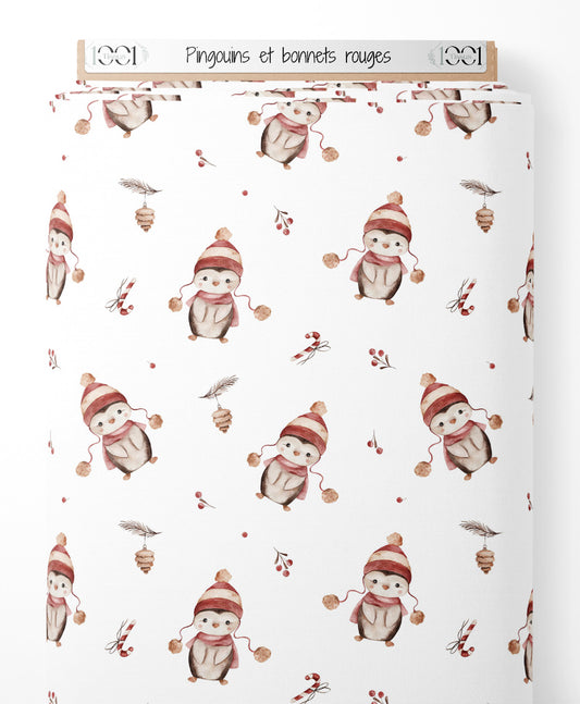 Tissu - Pingouins et bonnets rouges