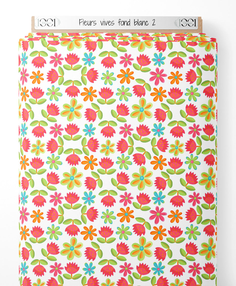 Tissu - Fleurs vives sur fond blanc 2