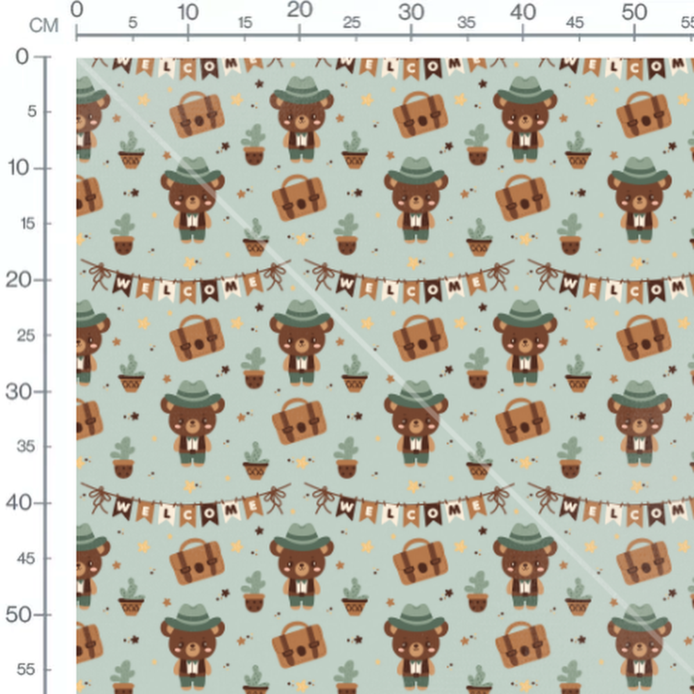 Tissu - Ours et cactus sur fond bleu