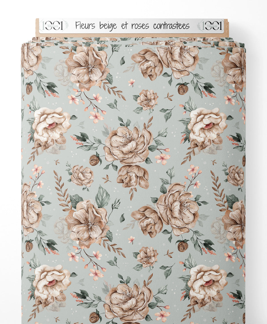 Tissu - Fleurs beige et roses contrastées