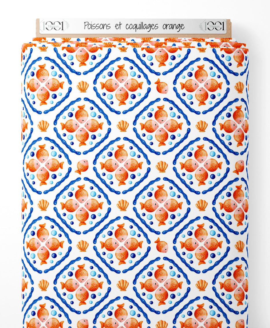 Tissu - Poissons et coquillages orange