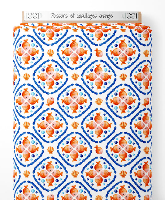 Tissu - Poissons et coquillages orange