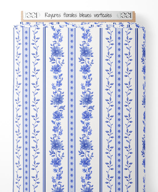 Tissu - Rayures florales bleues verticales
