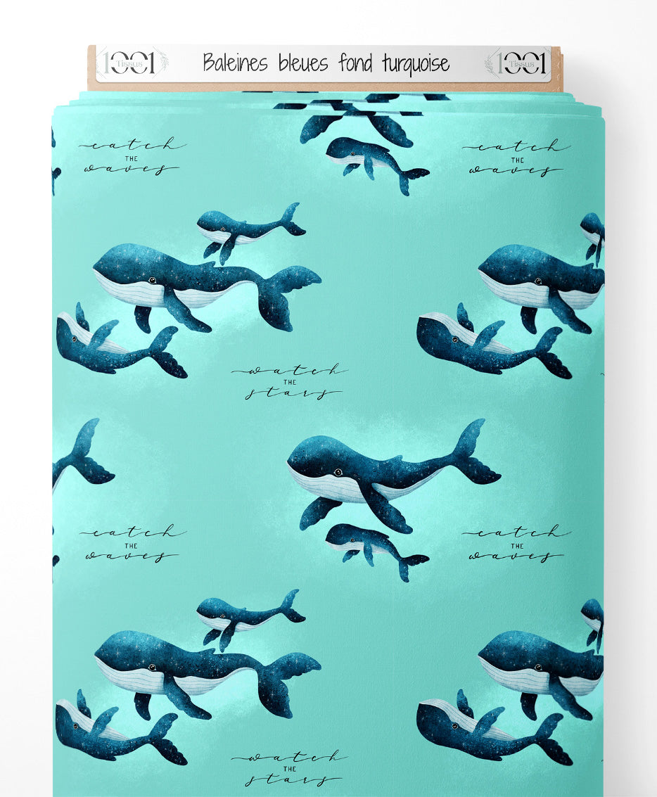 Tissu - Baleines bleues sur fond turquoise