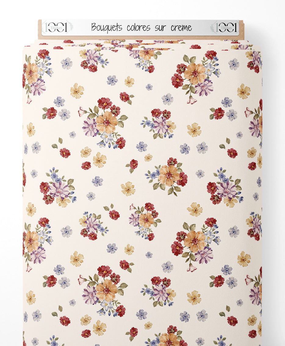 Tissu - Bouquets colorés sur crème